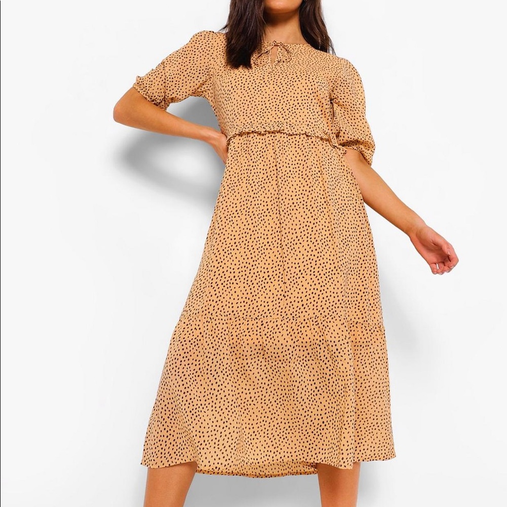 Boohoo Polka Dot Tie Neck Puff Sleeve Dress 12